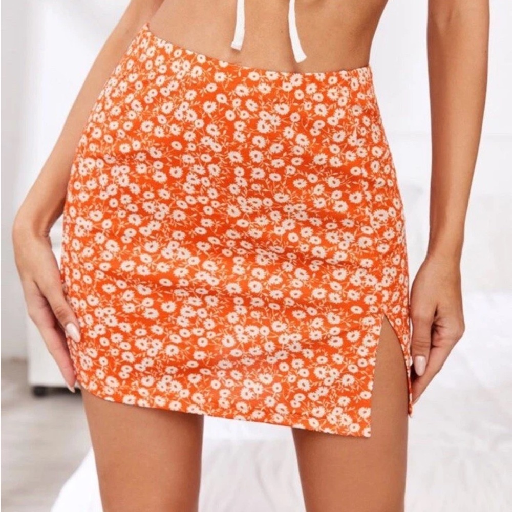 Women’s Orange White Ditsy Floral Slit Mini Skirt XL Shein